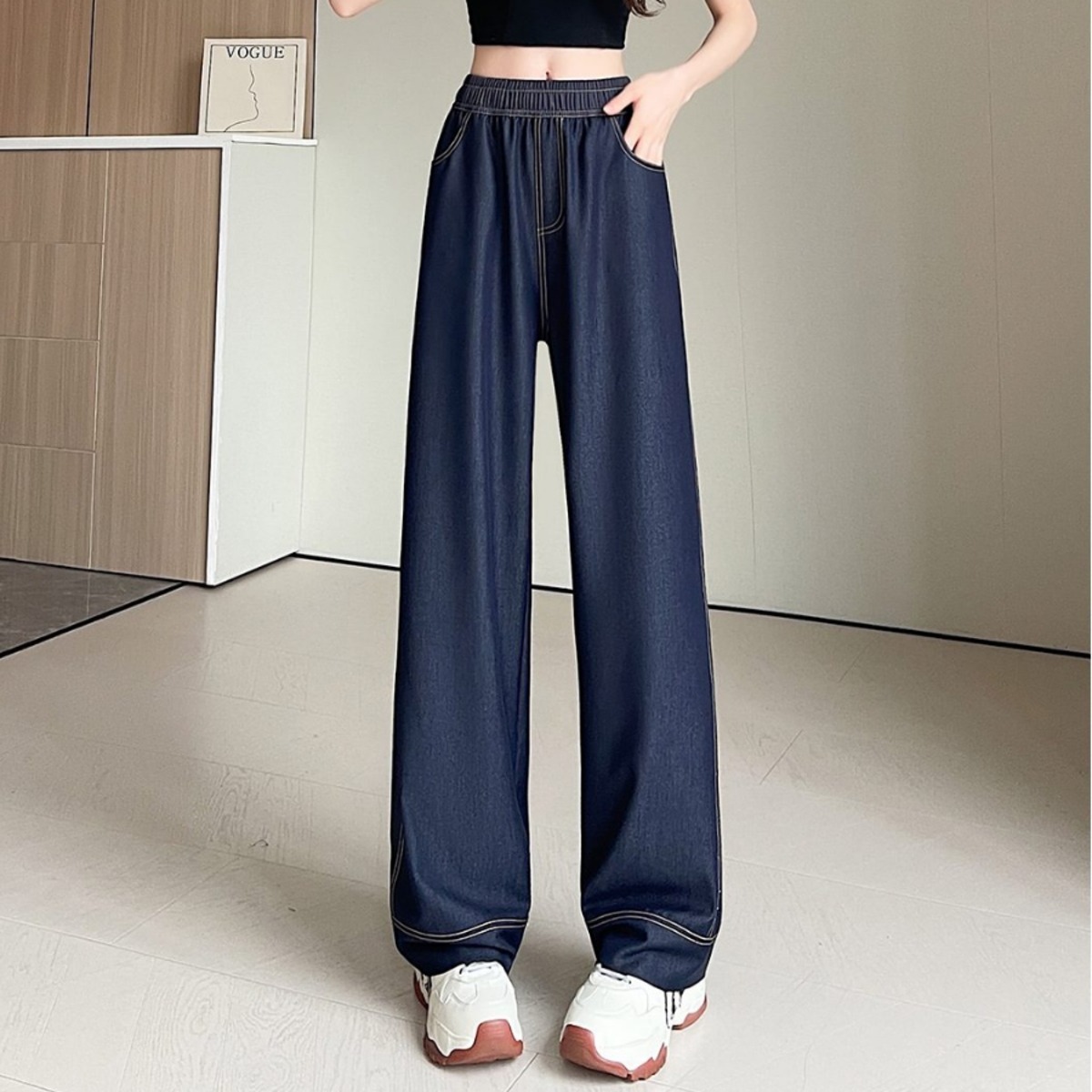 骨格ウェーブ 美脚ハイウエスト ラクラクワイドデニム